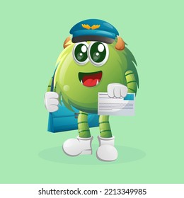 Cute green monster postman. Perfect for kids, small business or e-Commerce, merchandise and sticker, banner promotion, blog or vlog channel
