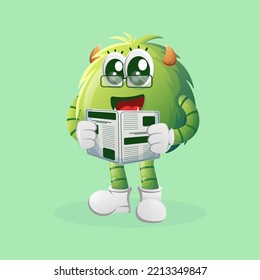 Cute green monster read newspapers. Perfect for kids, small business or e-Commerce, merchandise and sticker, banner promotion, blog or vlog channel
