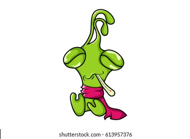 Cute Green Monster Sick. Vector Illustration. Isolated on white background.