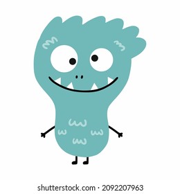 Cute green monster with smile. Vector doodle illustration. Sticker for postcard. Printing on clothes.