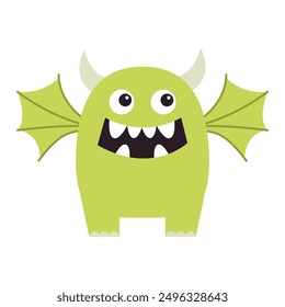 Cute green monster standing. Happy Halloween. Monsters silhouette icon. Eyes, wings, horns, smiling face. Cartoon kawaii funny character. Childish style. Flat design. Isolated. White background Vector