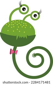 Monstruo verde lindo, ilustración vectorial, diseño fallido, halloween feliz, personaje gracioso temible, aislado, ojos grandes