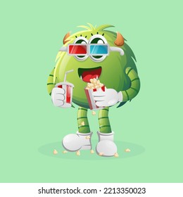 Cute green monster watching movie with holding soda and popcorn. Perfect for kids, small business or e-Commerce, merchandise and sticker, banner promotion, blog or vlog channel
