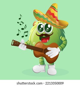 Cute green monster wearing mexican hat with playing guitar. Perfect for kids, small business or e-Commerce, merchandise and sticker, banner promotion, blog or vlog channel
