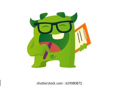 Cute Green Monster yawning and holding pen and notes in hand. Vector Illustration. Isolated on white background.