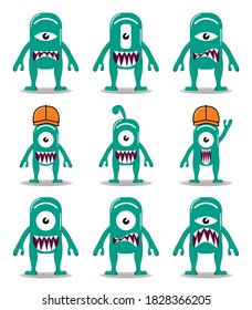 Cute green monsters expression Vector set of cartoon monsters isolated. Design for print, decoration, t-shirt, illustration, or sticker