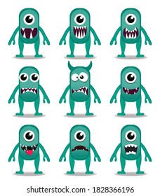 Cute green monsters Vector set of cartoon monsters isolated. Design for print, decoration, t-shirt, illustration, or sticker