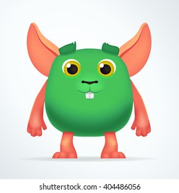 Cute green mouse mutant. Fun Fluffy fat rabbit character isolated on light background. Silly cartoon monster for kids design