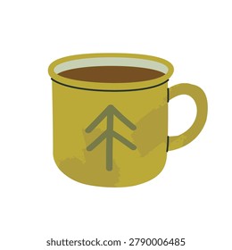 Cute green mug with handle and tree illustration. Cozy beverage cup isolated on white background. Perfect for drinks, cafe, kitchen, breakfast and seasonal design. Flat vector.