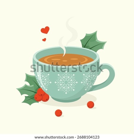 A cute green mug with snowflake pattern filled with hot drink and decorated with holly branches. Christmas cup vector illustration.