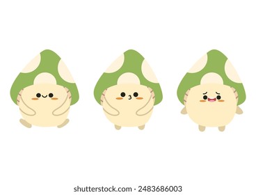 Cute green mushroom character design different expression in kawaii style. Isolated on white background