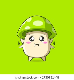 Cute green mushroom character feel sad. Vector flat carton character illustration