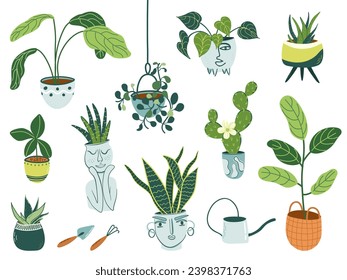 Cute green natural home decor, urban jungle, cozy home concept. Set of potted houseplants.  Flower pots with anthropomorphic faces. Hobby gardening. Flat style hand drawn vector illustration.
