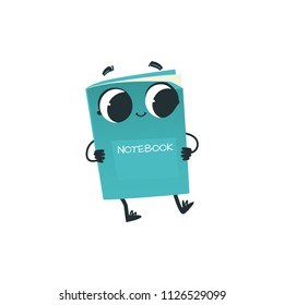 Cute green notebook cartoon character dancing with hands in sides isolated on white background - funny notepad personage with smiling face for back to school concept in vector illustration.