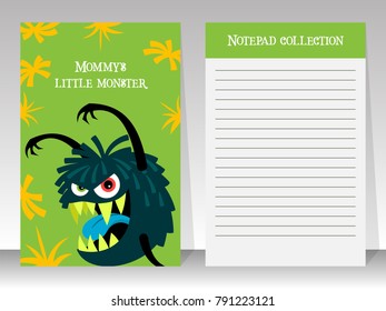 Cute green notebook template for kids with monster, vector illustration