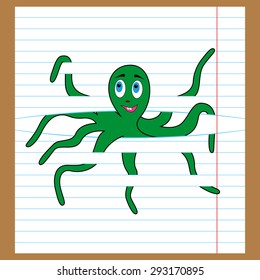 Cute green octopus caught in the lines of sheet, cartoon vector illustration