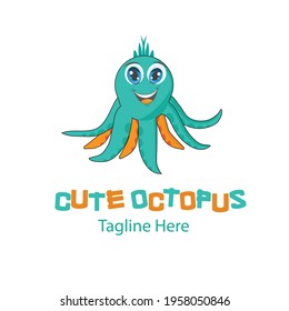 Cute Green Octopus logo mascot vector illustration design with dummy text on white background. Best suited for kid's logo or Seafood Logo.