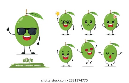 süßer grüner Olivencartoon mit vielen Ausdrücken. Obstvariante Aktivität stellen Vektorgrafik flach Design mit Sonnenbrille.