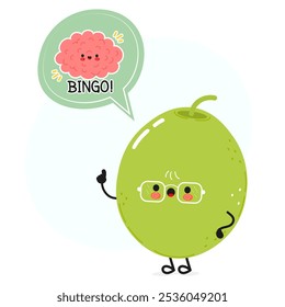 Lindo carácter verde oliva diciendo BINGO con un cerebro en una burbuja de discurso. Vector dibujado a mano ilustración de personaje kawaii de dibujos animados. Fondo blanco aislado. Cartel de oliva verde y cerebro