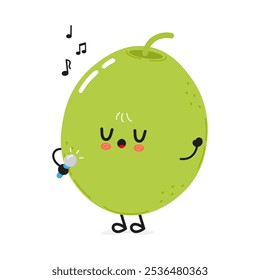 Cute green olive character singing into a microphone character. Vector hand drawn cartoon kawaii character illustration icon. Isolated on white background. Green olive character concept