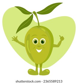 Cute green olive vegetable character in flat style. Vegan fun design colorful. Stock vector illustration isolated on white background