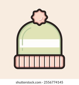 Cute green and orange snow hat with top puff ball and reflex details ready for cold winters, filled vector icon