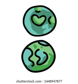 Cute green outer space planets cartoon vector illustration motif set. Hand drawn isolated galaxy elements clipart for planetary blog, educational childrens graphic, sci fi web buttons.