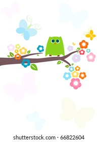 cute green owl with flowery tree