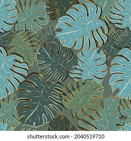 A lot of cute green palm leaves with golden outline, modern fashion seamless pattern