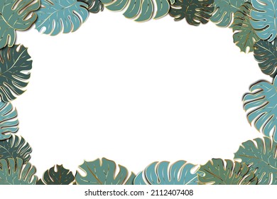 A lot of cute green palm leaves with golden outline, modern fashion background on white