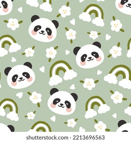 cara de oso panda verde lindo en el cielo con arco iris y flores, patrón sin costura para niña y niño, huella vectorial para papel envoltorio, tela y textil