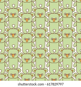 Cute green pandas on a white background. Simple graphics like icons. Cute pandas seamless vector pattern for wallpaper, web page background, textile design, graphic design.  