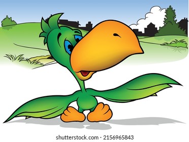 Cute Green Parrot with Blue Eyes Talking - Cartoon Illustration with Background, Vector