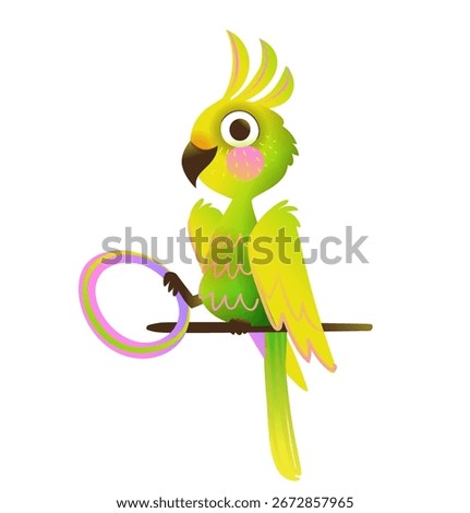 Cute green parrot character design, domestic bird cartoon character for children. Funny baby parrot bird, pet cartoon for kids. Colorful and fun pet animals for children, vector clip art illustration.