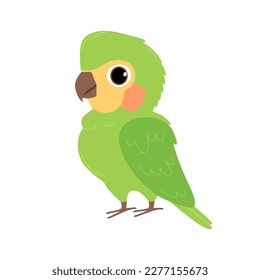 Cute green parrot isolated on white background. Vector flat illustration