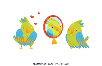 Cute Green Parrot Looking in the Mirror and Feeling Love Vector Set