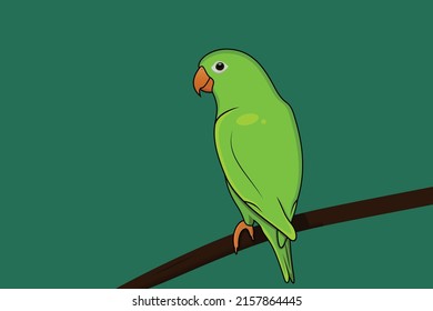 Cute green Parrot perch on branch, vector logo illustration. Tropical bird cartoon style.