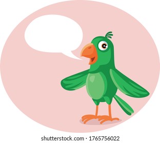 Cute Green Parrot With Speech Bubble Vector Cartoon. Adorable mascot pet bird talking making announcement
