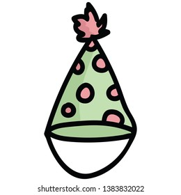 Cute green party hat cartoon vector illustration motif set. Hand drawn for special occassion. Pom pom celebration graphics. Birthday web buttons.