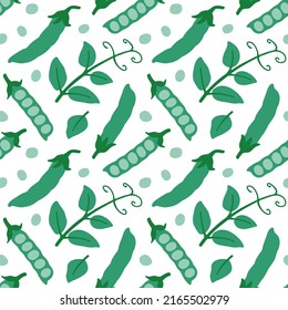 Cute green pea seamless pattern. Pods, leaves and peas. Flat vector hand drawn illustration in cartoon style