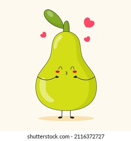 Cute green pear character in love on white background. Happy kawaii pear. Flat vector illustration.