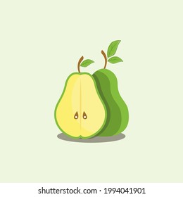 Cute green pear and cut in half pear vector flat design illustration, Cartoon style green sliced pear hand drawn flat vector icon isolated on background. Fresh fruit pear symbol in flat style vector
