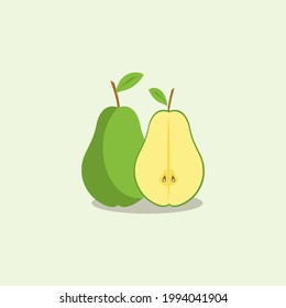 Perla verde suave y cortada en medio pear vectorial plano ilustración de diseño, estilo cartón verde cortado a mano dibujado a mano con un icono de vector plano aislado en el fondo. Símbolo de pera de fruta fresca en vector de estilo plano