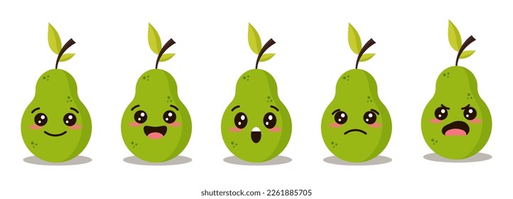 Conjunto de emoticonos de pera verde suave. Graciosa colección de emoji de fruta. Feliz dibujo de pera. Carácter vegetariano saludable de la comida