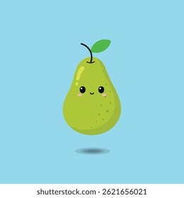Cute green pear illustration with adorable facial expression and pink cheeks, in a simple cartoon style on a bright blue background. Ideal for kids’ designs, healthy food icons, or educational