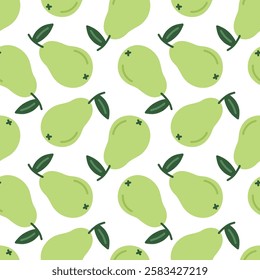 Cute green pear seamless pattern. Template for packaging, postcard, textile printing, wallpaper. Childish minimal print. Cartoon background. Hand drawn doodle illustration isolated on white.