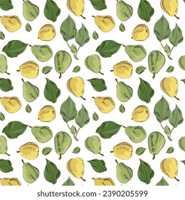 Peras y hojas verdes. Los elementos están hechos en forma de esbozo. Ideal para menús, tarjetas, carteles, impresiones, empaque, tela. Imagen vectorial.