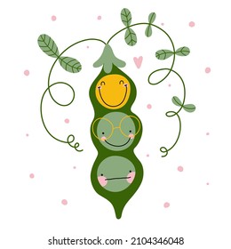 Cute green peas in a pod with different emotions and character. Funny vegetable in cartoon style. Cartoon vector illustration healthy food. Colorful farm product for kids design of postcards, books..