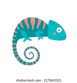 Cute Green And Pink Chameleon. Lizard African Animal, Isolated On White, Vector Icon. Flat Cartoon Illustration, Clipart. 