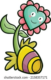 Cute green pink flower cartoon character in a pot